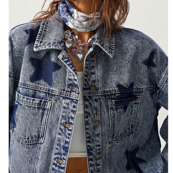Vintage Look Star Print Button Denim Jean Jacket - Picture 2 of 7